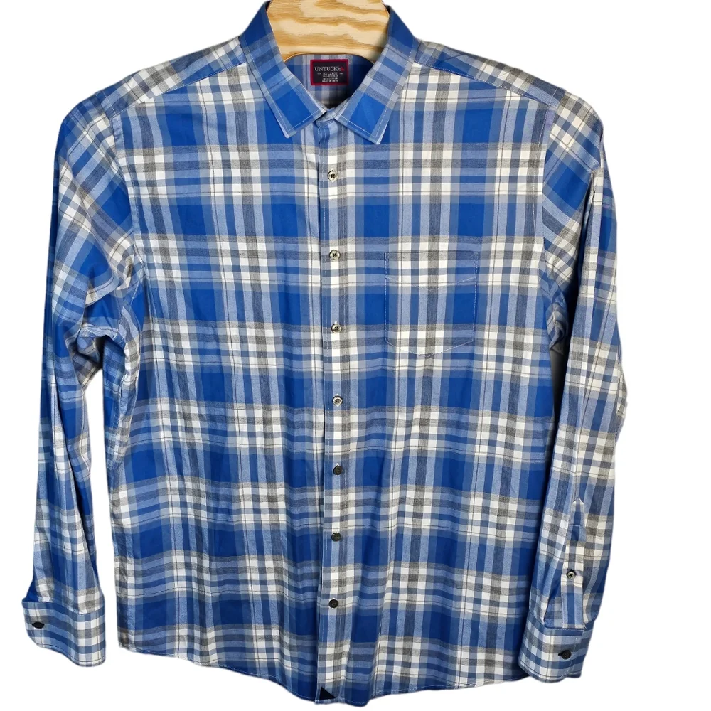 UNTUCKit Blue and White Plaid Casual Button-Down Shirt - Picture 2 of 14